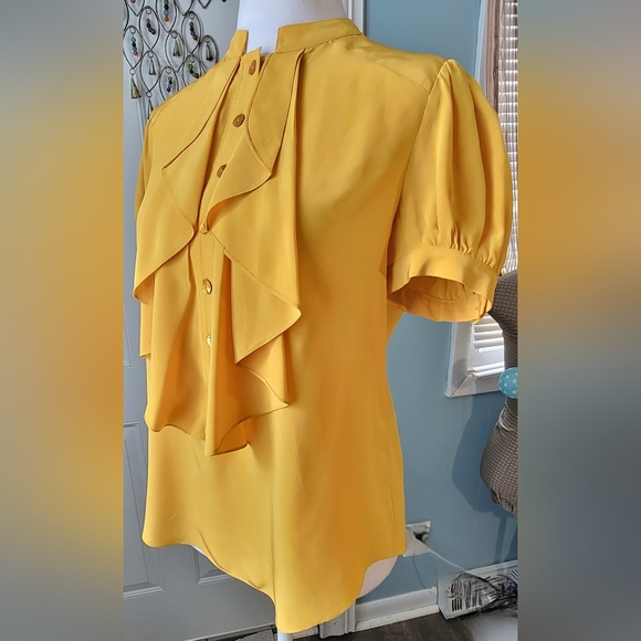 Ali Ro Ruffle Front 100% Silk Button-Up Blouse Womens 4 Goldenrod Short Puff Sle - Picture 2 of 10